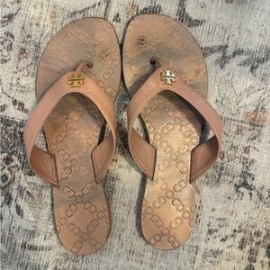 Tory Burch Tan Leather Logo Thong Sandals